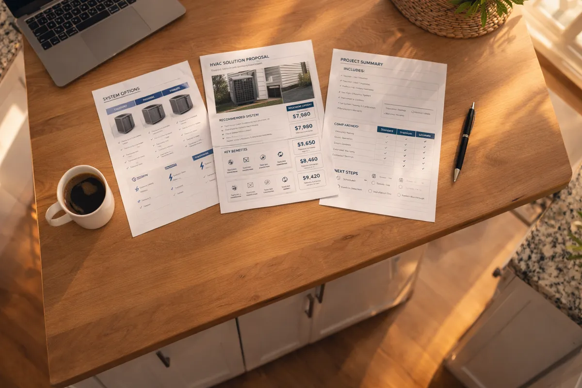 HVAC proposal sheets on a kitchen table during an in-home consultation